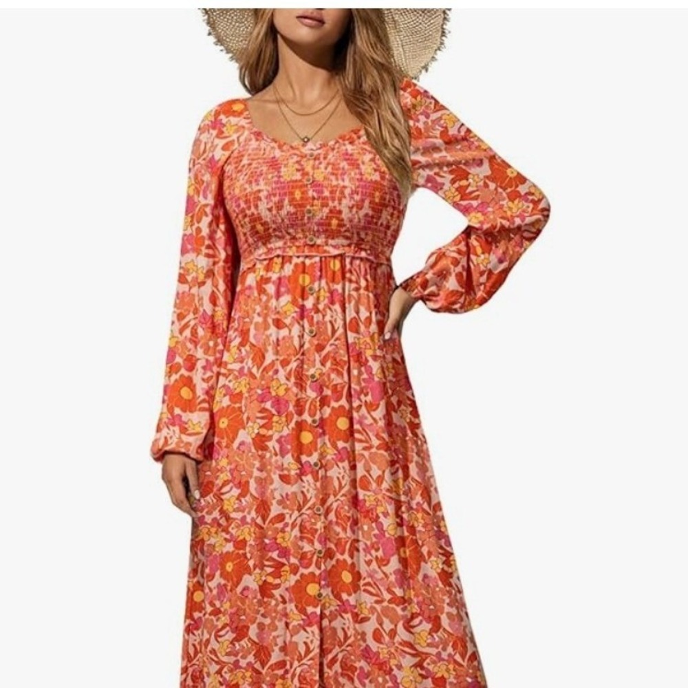 Smocked Floral Spring Maxi Sundress Size XL Prairie Peasant Boho Spring